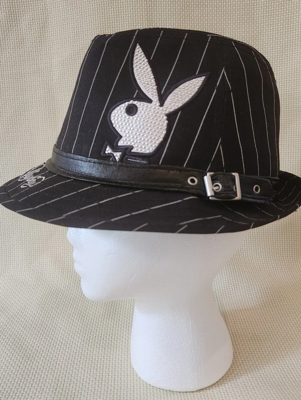 Vintage Y2K Playboy Bunny Pinstripe Fedora Hat Black Silver Metallic McBling S/M